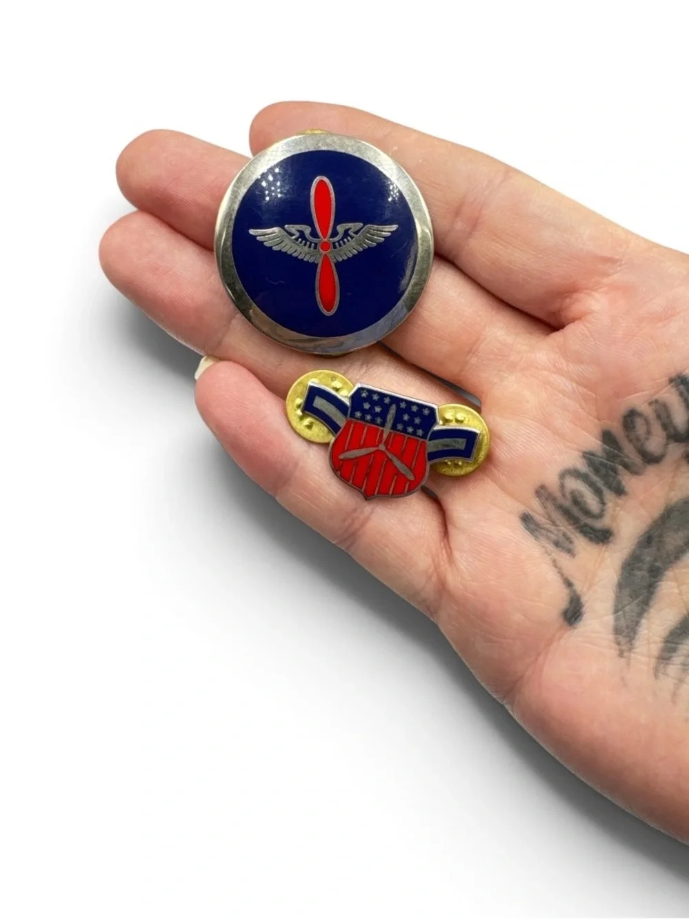 Vintage Aviation Propeller Wing Enamel Lapel Pin & Round Badge Pin Set Military